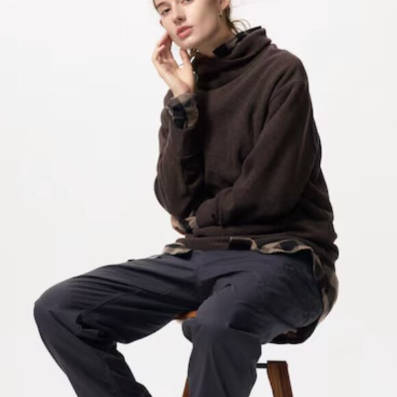 Uniqlo | Top | Soft Knitted Fleece Ribbed T-Shirt High Neck  Long Sleeve | Brown - Picture 1 of 9